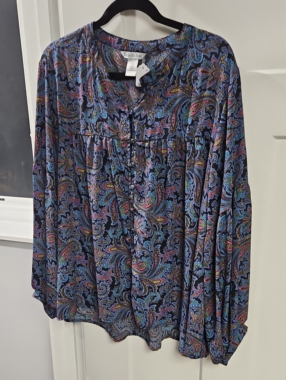Paisley Long-Sleeve Blouse in Navy